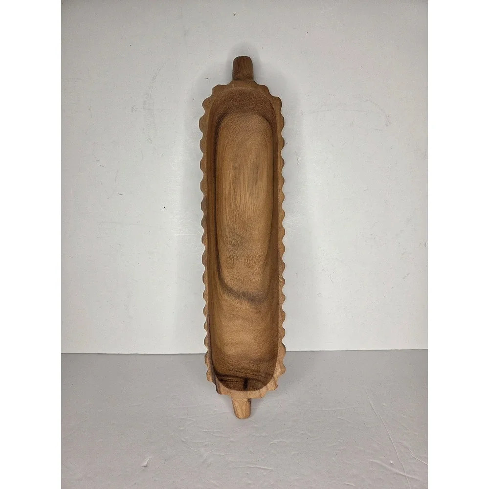 Vintage Hand Carved Scalloped Wood Dough Bowl Rustic Primitive Server Boho